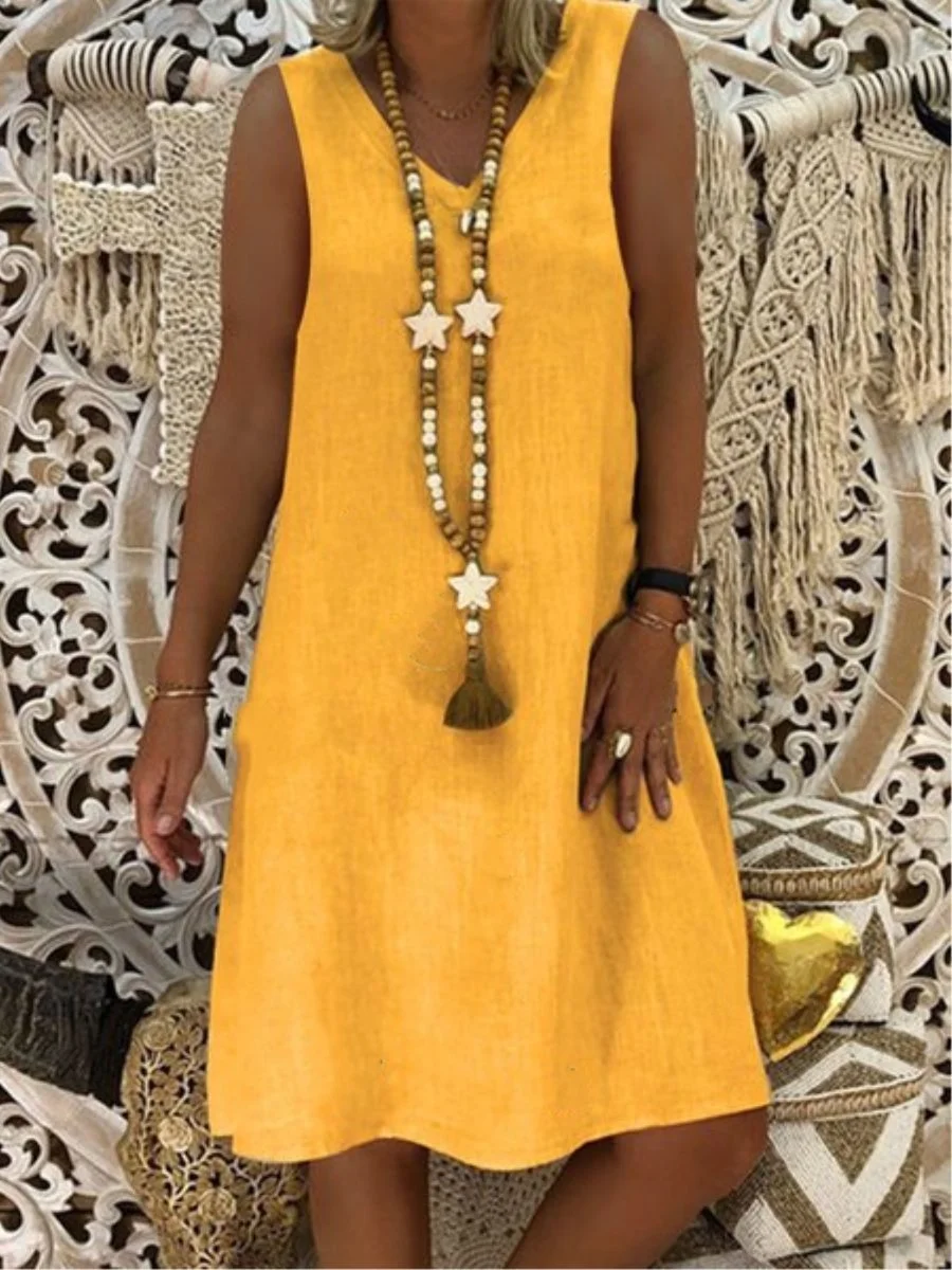 

Women's Summer V-neck Sleeveless Vest Dress Women Soild Casual Beach Holiday Dress Vestidos