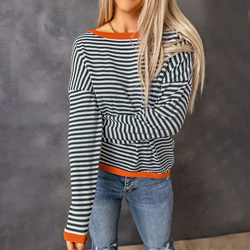 

Autumn Winter Knit Sweaters 2023 Fashion Stripe Contrast Color Long Sleeve Tops Pullovers All-match Casual Loose Women Clothes