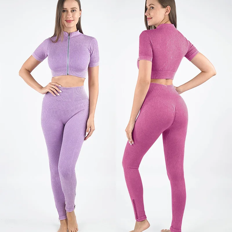 

Women's Sports Fitness Suit Seamless Threaded Yoga Sets Zipper Short Sleeve Leggings Two Piece Set Women Gym Workout Sports Sets