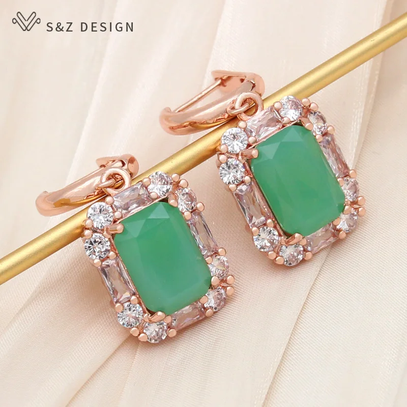 

S&Z DESIGN New Fashion Rectangle Crystal Drop Earrings For Women Wedding 585 Rose Gold Color Cubic Zirconia Jewelry Gift