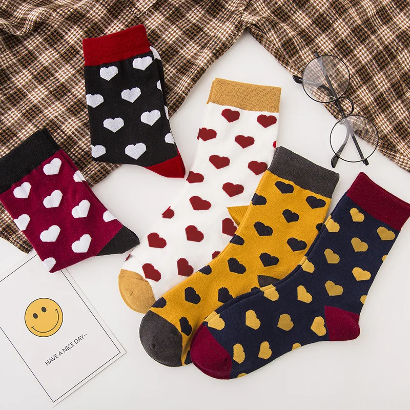

Носки с принтом сердец для женщин и девушек, милые разноцветные носки в стиле Харадзюку, милые женские носки средней длины в японском стиле