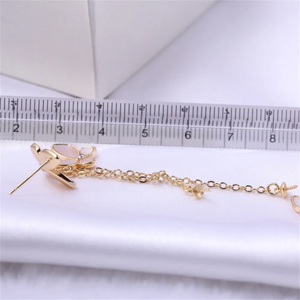 Copper-plated 18K Gold Butterfly Shell Tassel Long Pearl Empty Earrings DIY Temperament S925 Silver Needle Accessories Female