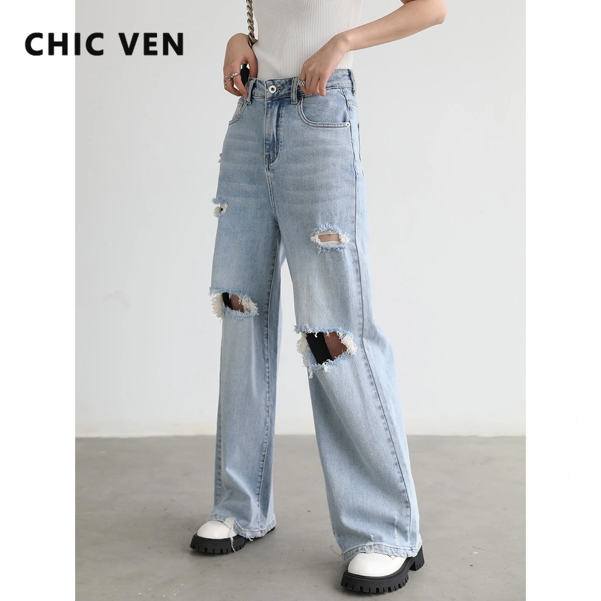 

CHIC VEN High Waist Straight Jeans Pant for Women Hollowed Out Women's Trousers Streetwear Denim Jeans Ladies Spring Autumn 2022