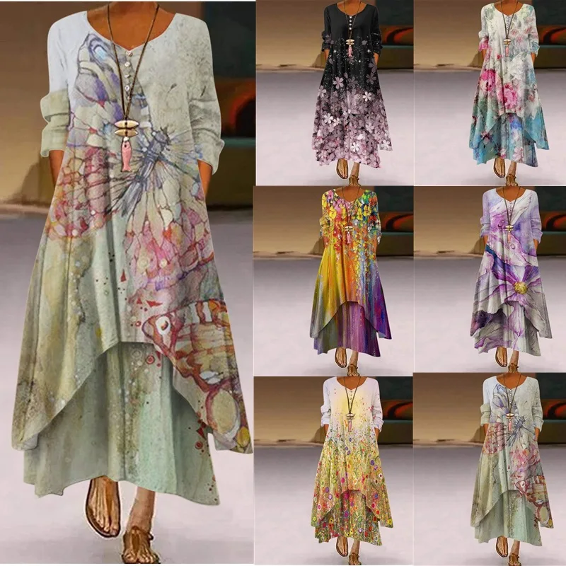 

2022 European and American Autumn New Style Irregular Long-sleeved Dress with Pocket Hem, Exquisite Printed Slim Dress