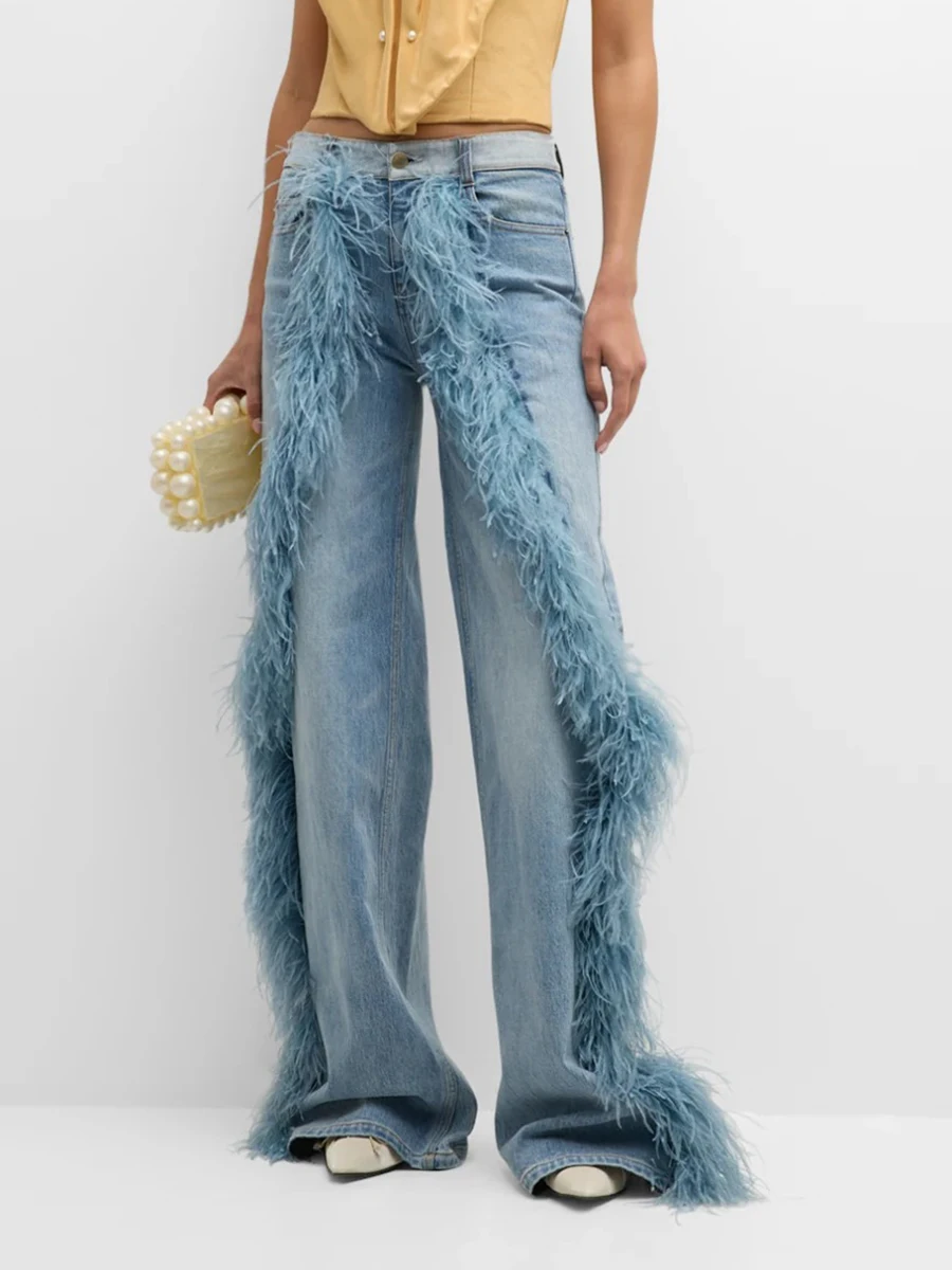 VGH винтажные прямые джинсы с плюшевыми украшениями для женщин шикарный дизайн