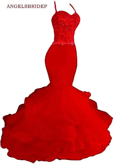 

ANGBRIDEP Spaghetti Straps Mermaid Prom Dresses Vestidos de festa Sexy Sweetheart Organza Floor-Length Birthday Party Gowns