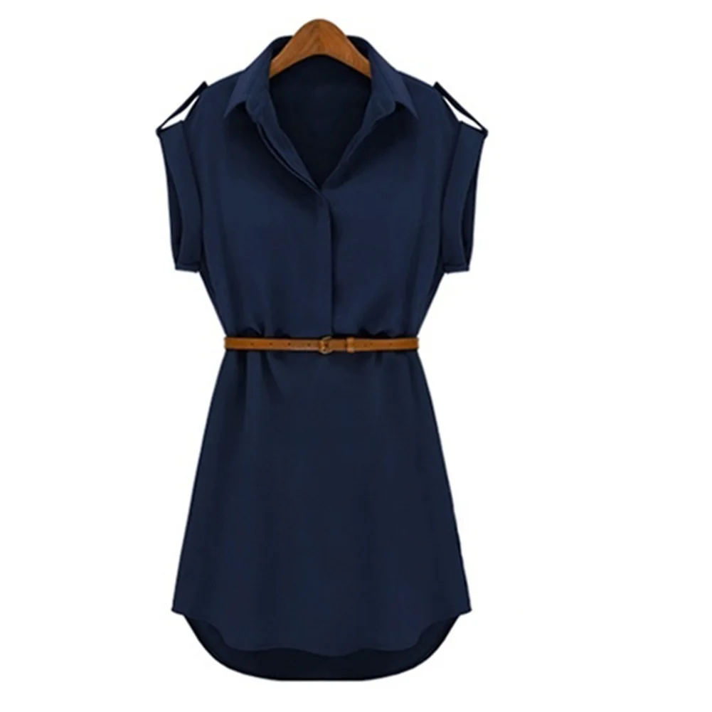 

Women's Dress Fashion Lapel Collar Short Sleeve Shirt Dress Solid Color Chiffon Mini Dress with Belt OL Dress Plus Size