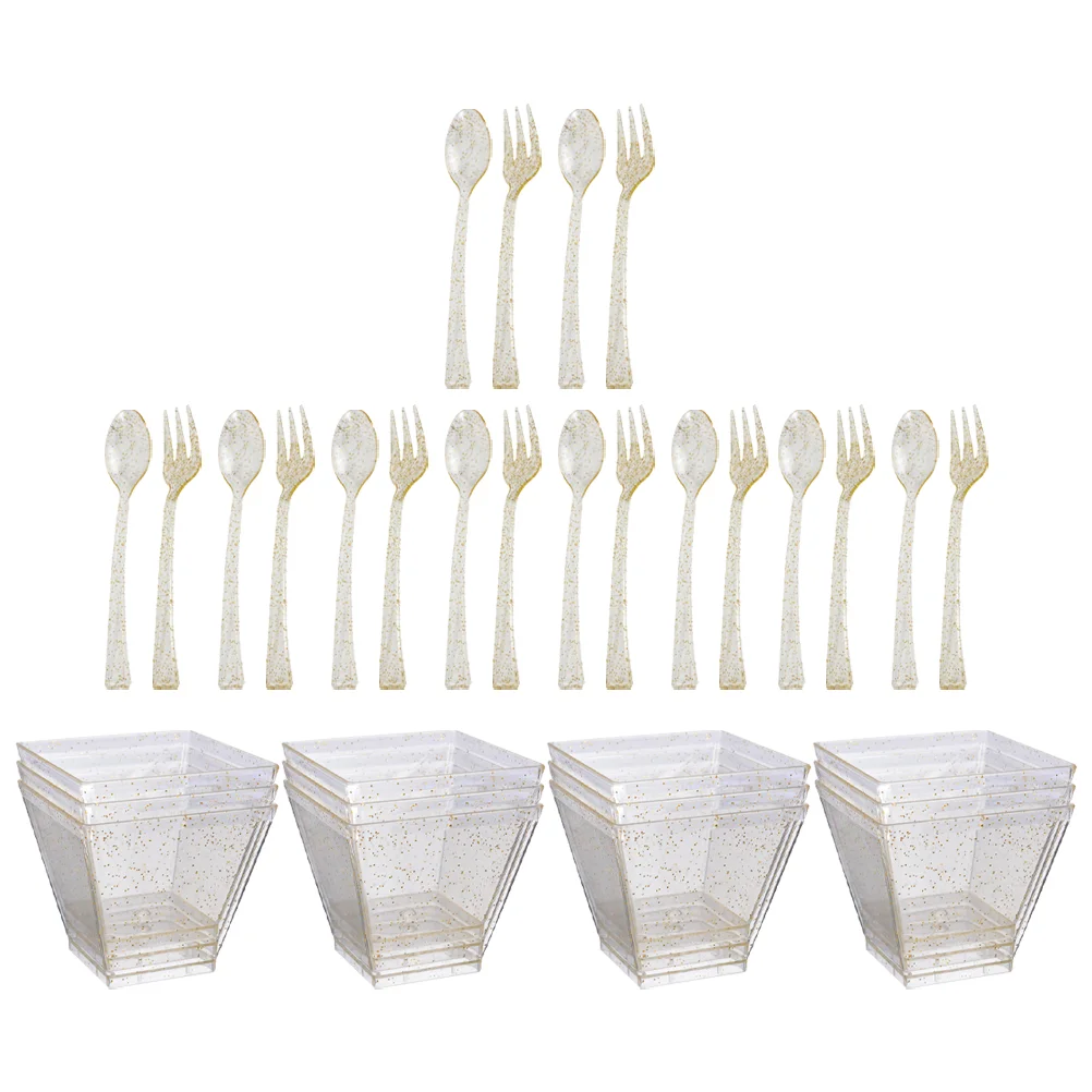 

1Set Disposable Dessert Cup Spoon Fork Disposable Flatware Clear Pudding Cups Snack Bowl Disposable Spook Fork
