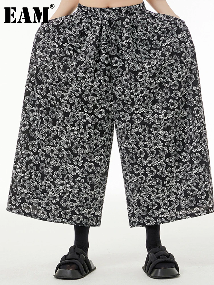 

[EAM] High Elastic Waist Black Pattern Printed Long Wide Leg Pants New Trousers Women Fashion Tide Spring Autumn 2023 1DF9824
