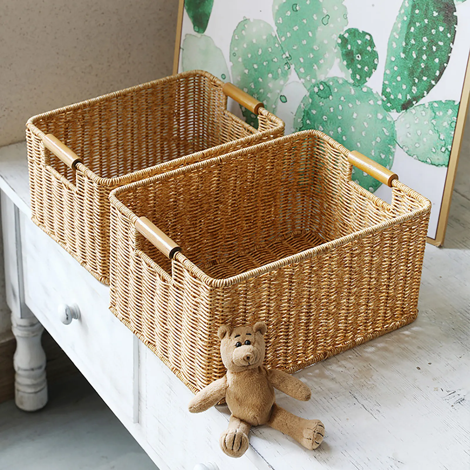 

Hand-woven Artificial Rattan Wicker Basket Home Sundries Basket Room Toy Book Magazine Organizer Tidy Basket With Handle