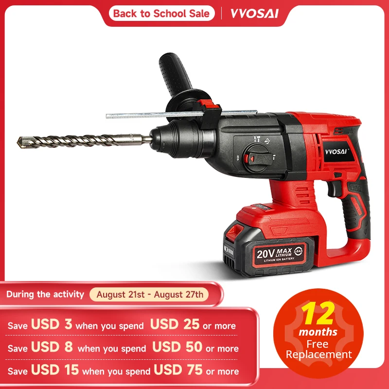 VVOSAI 20V Electric Impact Drill Rotary Hammer Brushless Motor Cordless Hammer Electric Drill Electric Pick for Switch Freely