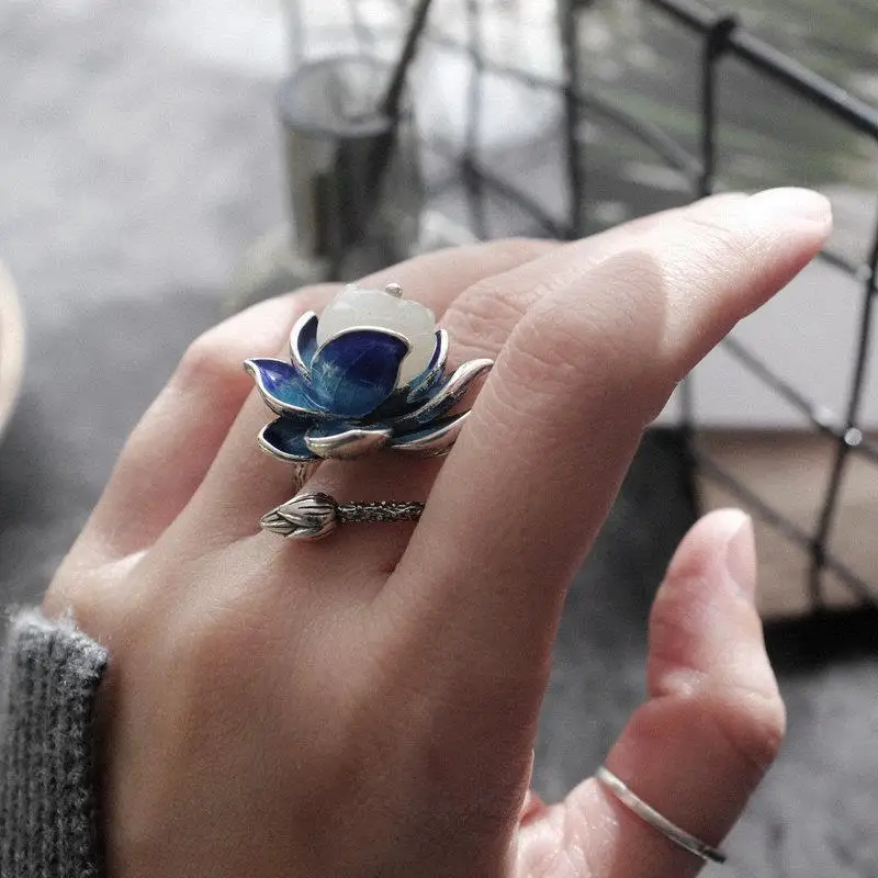

S925 Silver Accessories Women's Designer Vintage Fashion All-Match Exaggerated Personalized Index Finger Design Hetian Jade Ring