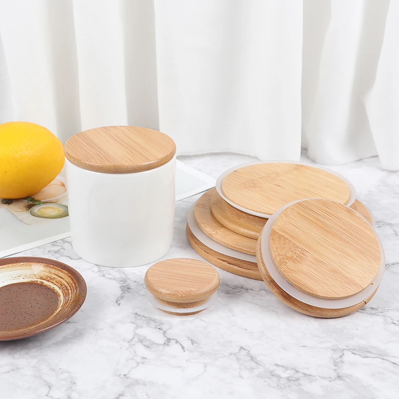 

Wooden Jars Lids with Silicone Ring Circle Seal Up Cup Lids Flower Wood Cover Canister