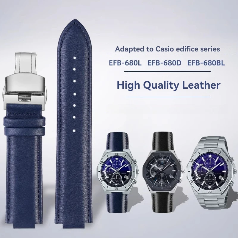 Фото 12mm 14mm Cowhide Watch Strap For Casio Watch EDIFICE Series Ocean Heart EFB-680 EFB-680D-2A ECB-10D Men Bracelet Wristband №1
