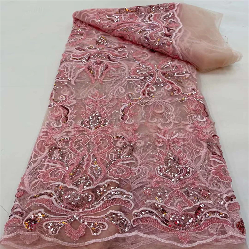 

Beautiful African Net Lace French Tulle Lace Sequins and beads African Lace Fabric 5Yards Nigerian Lace Fabric For Wedding RF-32