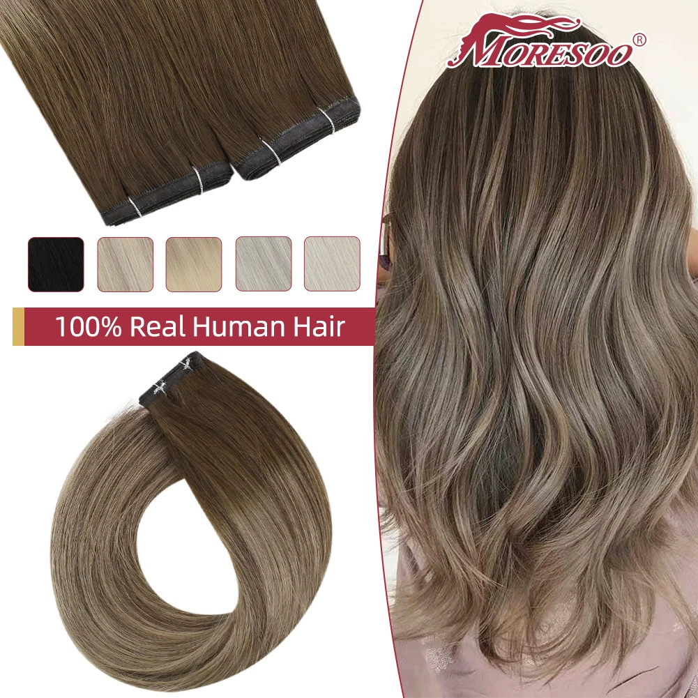 

Moresoo PU Weft Virgin Silk Flat Weft Seamless Human Hair Bundles 100% Real 14-24inch 50G/PCS Brazlian Invisible Sew in