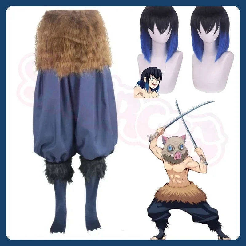 Anime Demon Hashibira Inosuke Cosplay Costume Slayer add Wigs Package Pants Fancy Kimetsu No Yaiba Dress and Apron Masks