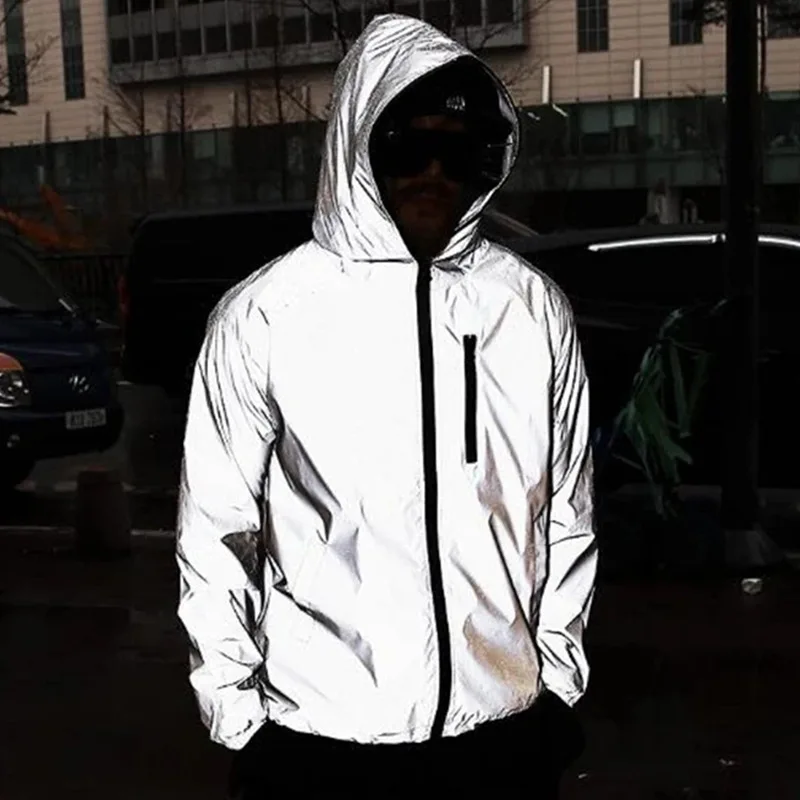 

Noctilucent Jacket Men Women Plus Size Streetwear Night Show Full Reflective Windbreaker Jacket Solid Hip Hop Loose Hooded Coats