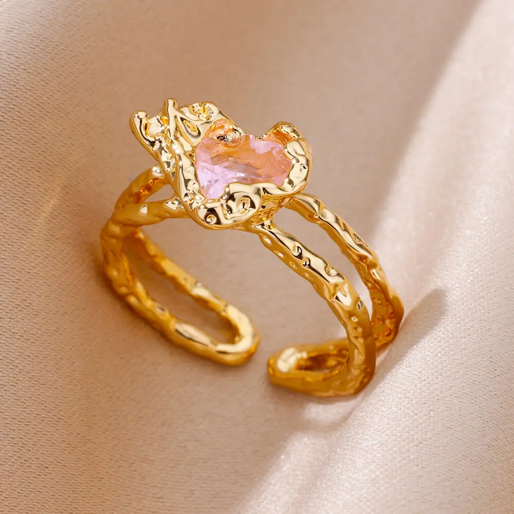

Gold Color Texture Heart Open Ring For Women Fashion Copper Pink Zircon Adjustable Double Layer Rings Jewelry Party Gift New