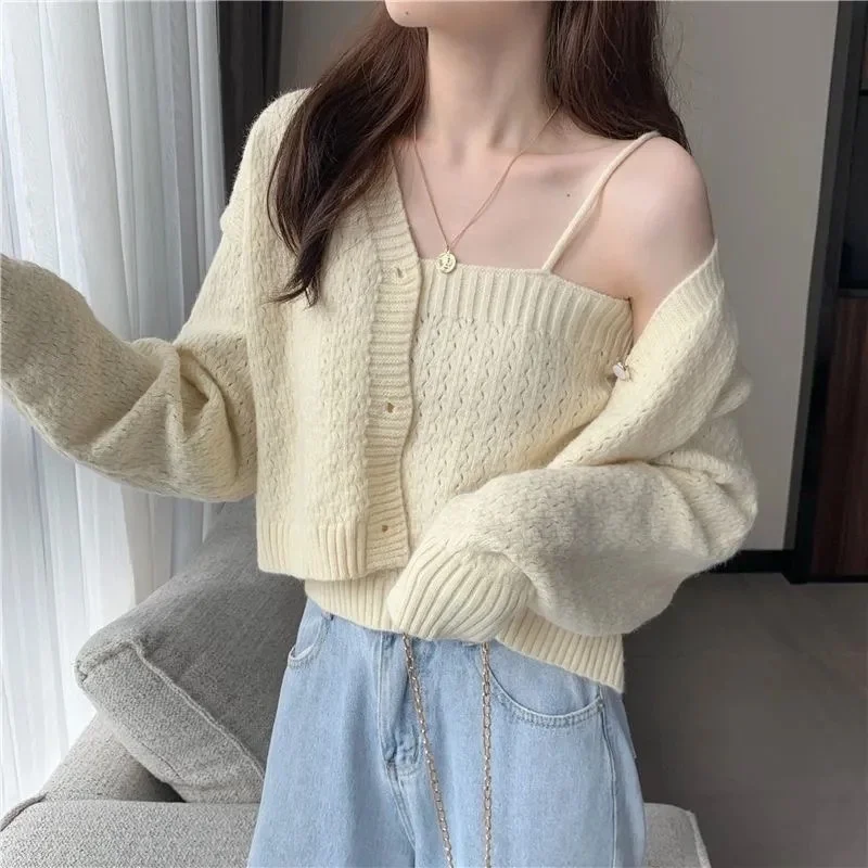 

2 Piece Set Women Autumn Single Breasted Long Sleeve Sweater Women s +Kniited Sling Vest Suits Femme