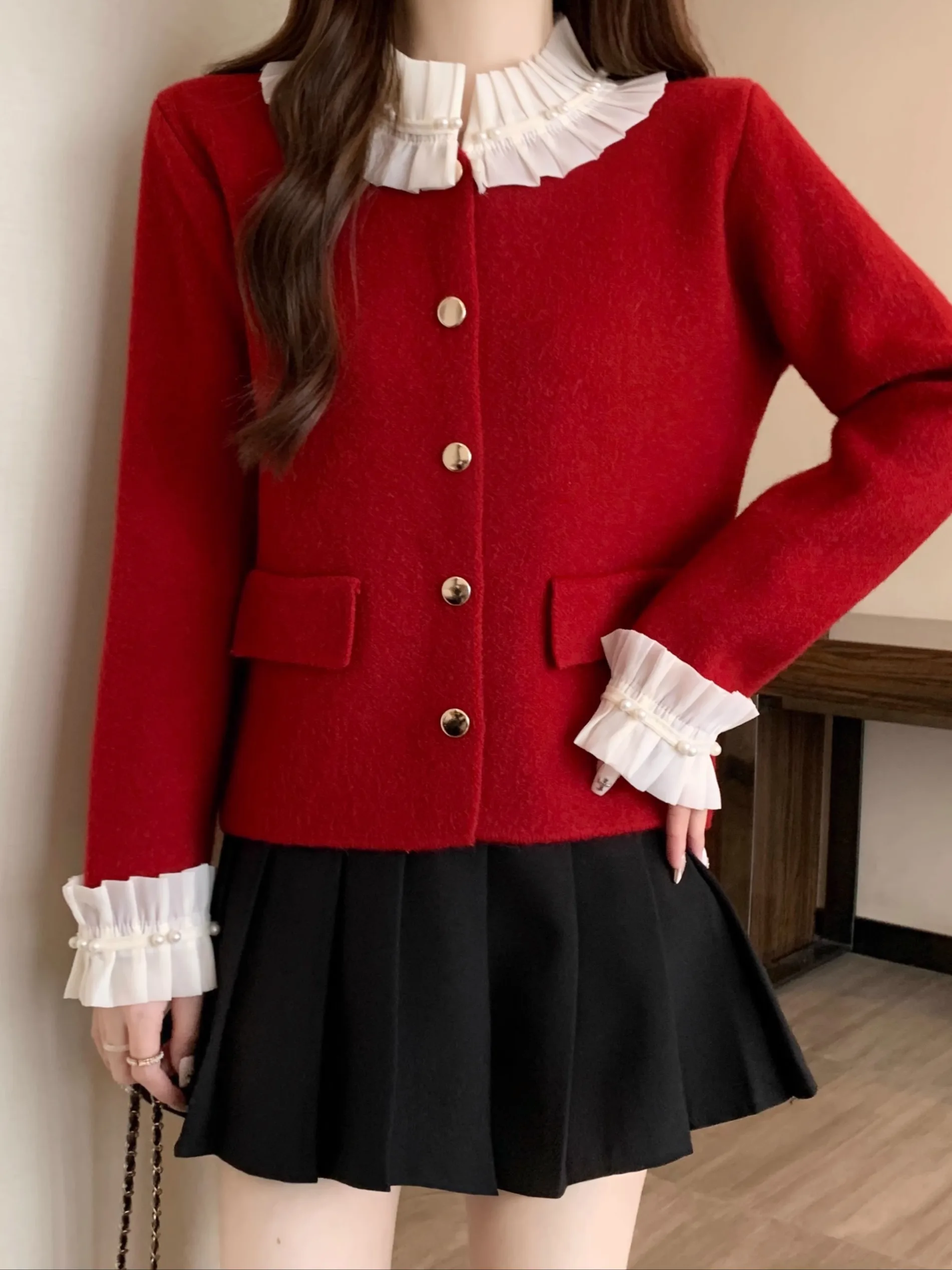 Женский вязаный кардиган с воротником из красного листа лотоса размера плюс 2024