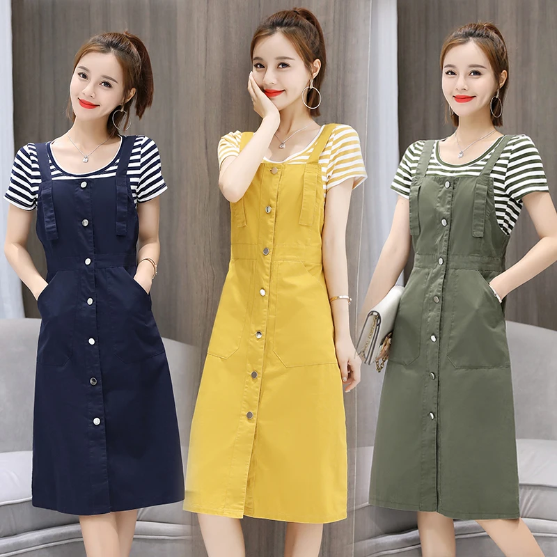 

Women Short Sleeve Stripe Tops and Suspender Skirts Female Casual All-match Fashion Summer Midi Length A-line Skirts Suits A53