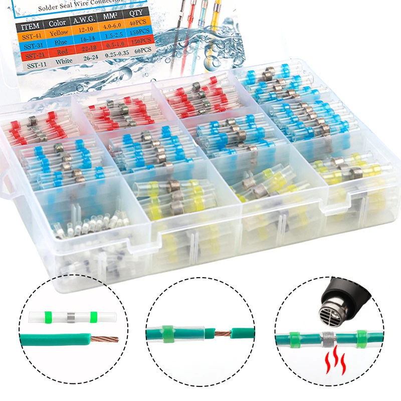 Термоусадочные Соединительные Клеммы в коробке, водонепроницаемая паяльная втулка, соединительная трубка, Стыковая электрическая проволока, изолированные соединители