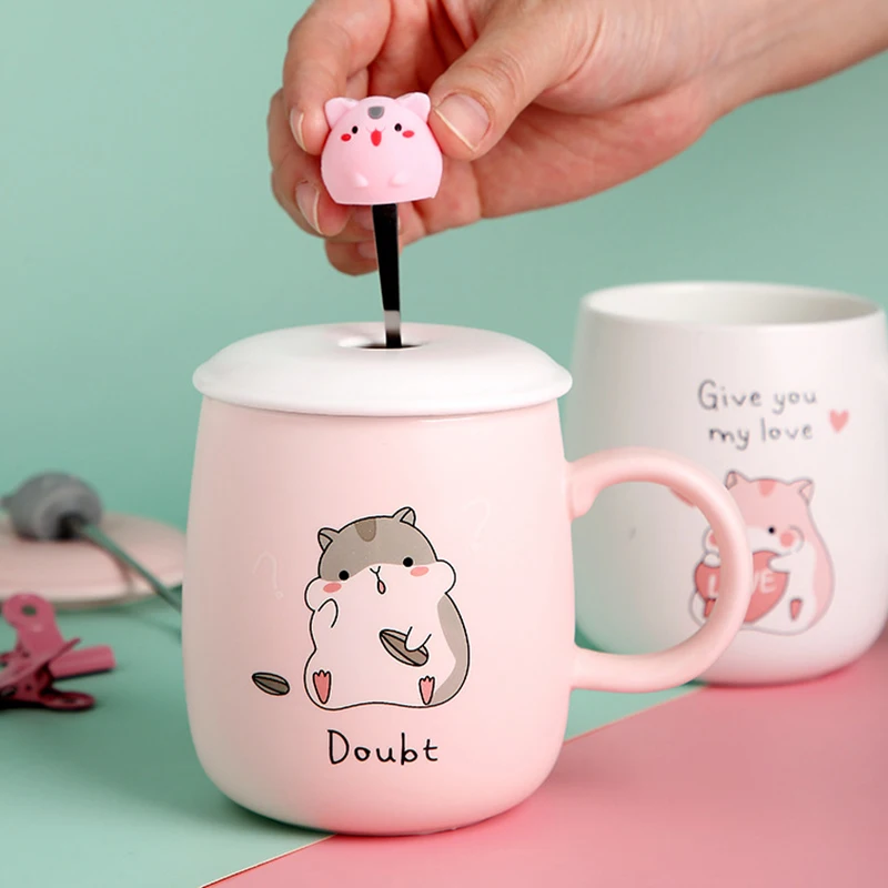 

400mL Ceramics Cute Hamster Mugs with Lid and Spoon Creative Kids Breakfast Milk Tea Cartoon Cup Office Afternoon Coffee Mug