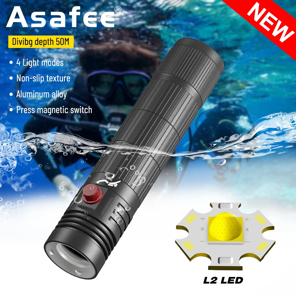 

Asafee D901 50M Underwater 500LM Professional LED Diving Flashlight L2 IPX8 Waterproof 1*18650/3*AAA Battery Light Dive Lamp