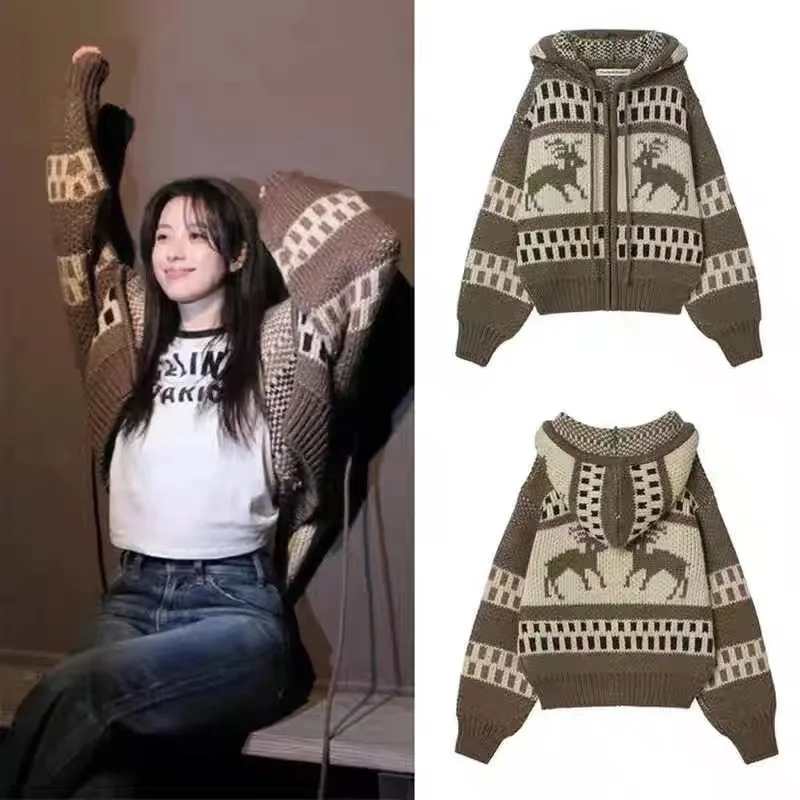 Жаккардовая толстовка с капюшоном в виде лося женская корея OY ZJS осень-зима