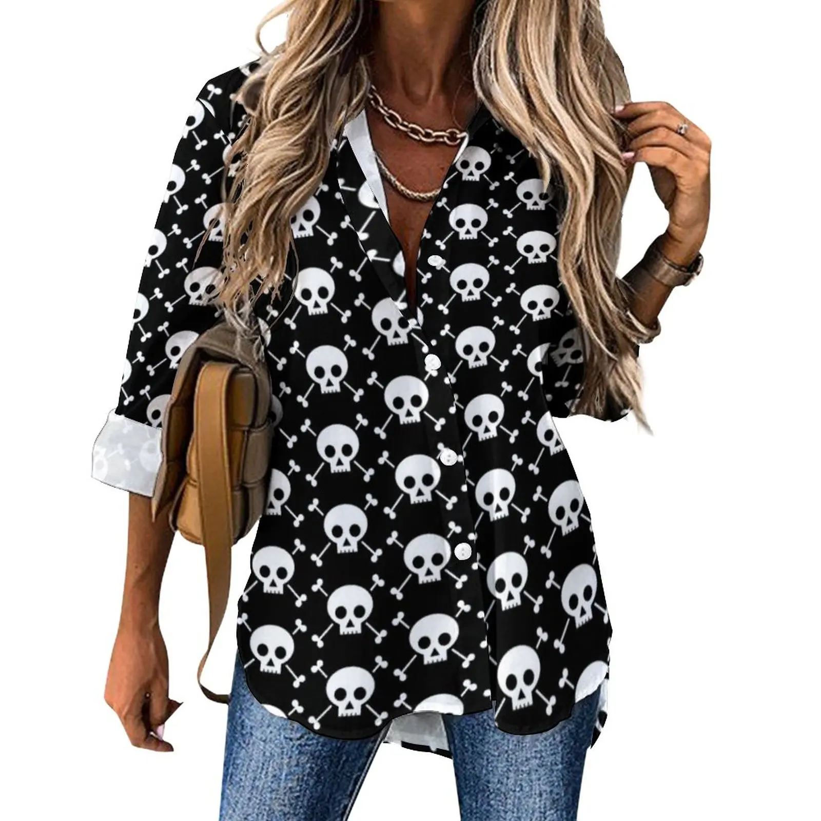 

Gothic Skull Casual Blouse Long Sleeve Holloween Print Modern Blouses Female Street Wear Oversized Shirts Graphic Top Gift Idea