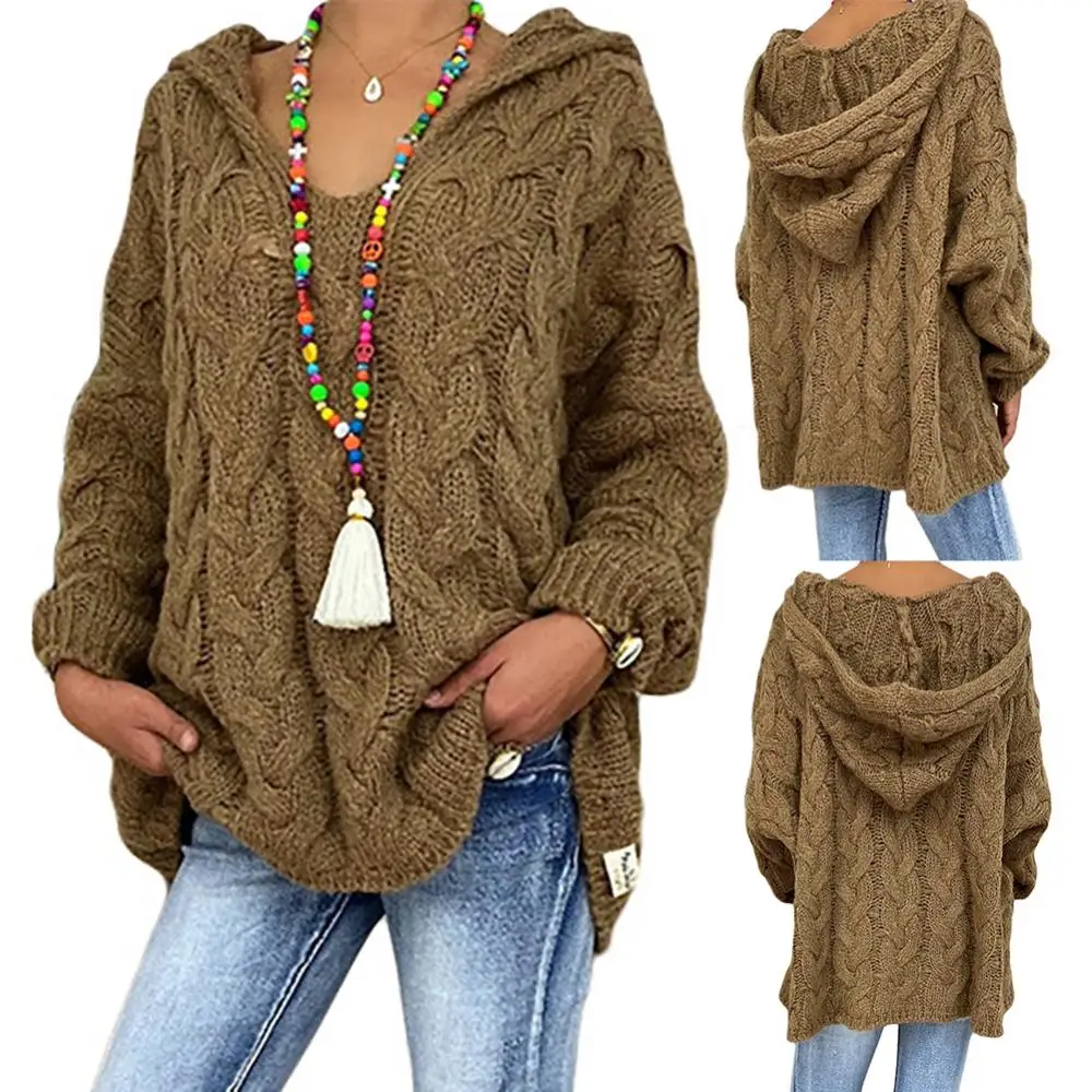 

Knitted Autumn Knitted Sweater Solid Color Long Sleeve Hood Women Sweater Braided Hooded Pullover Sweater