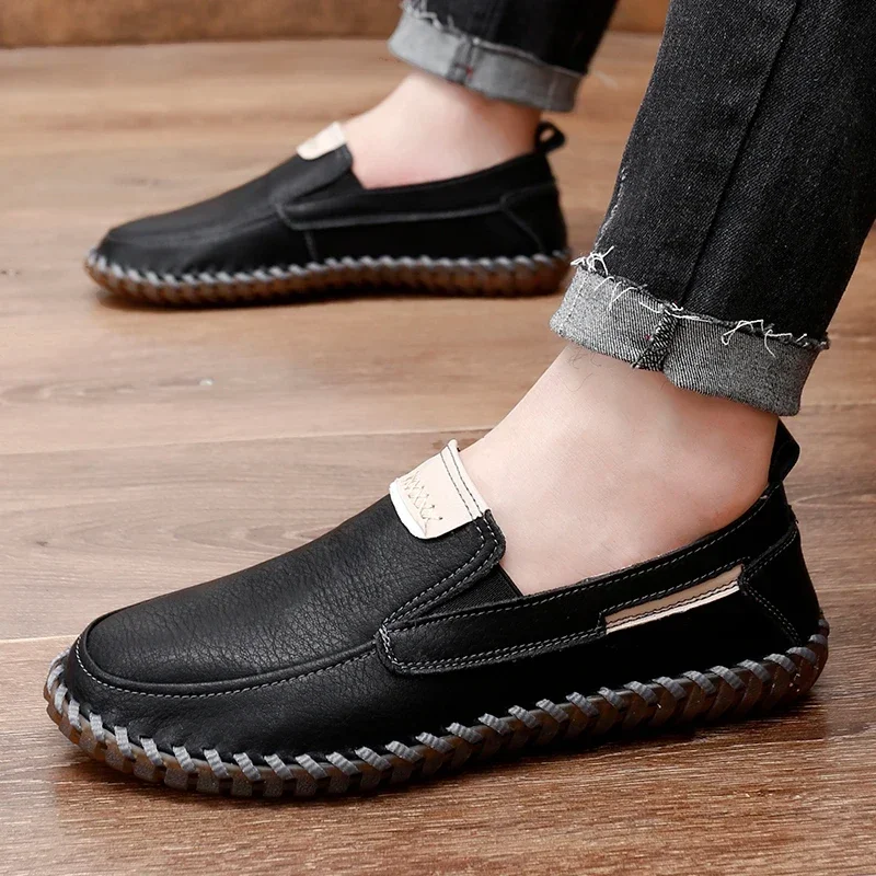 

2023 Outdoor Men's Shoes Plus Size Men's Casual Shoes Slip on Daily Male Flats Round Toe Sewing Soft Bottom Man Leather Shoes