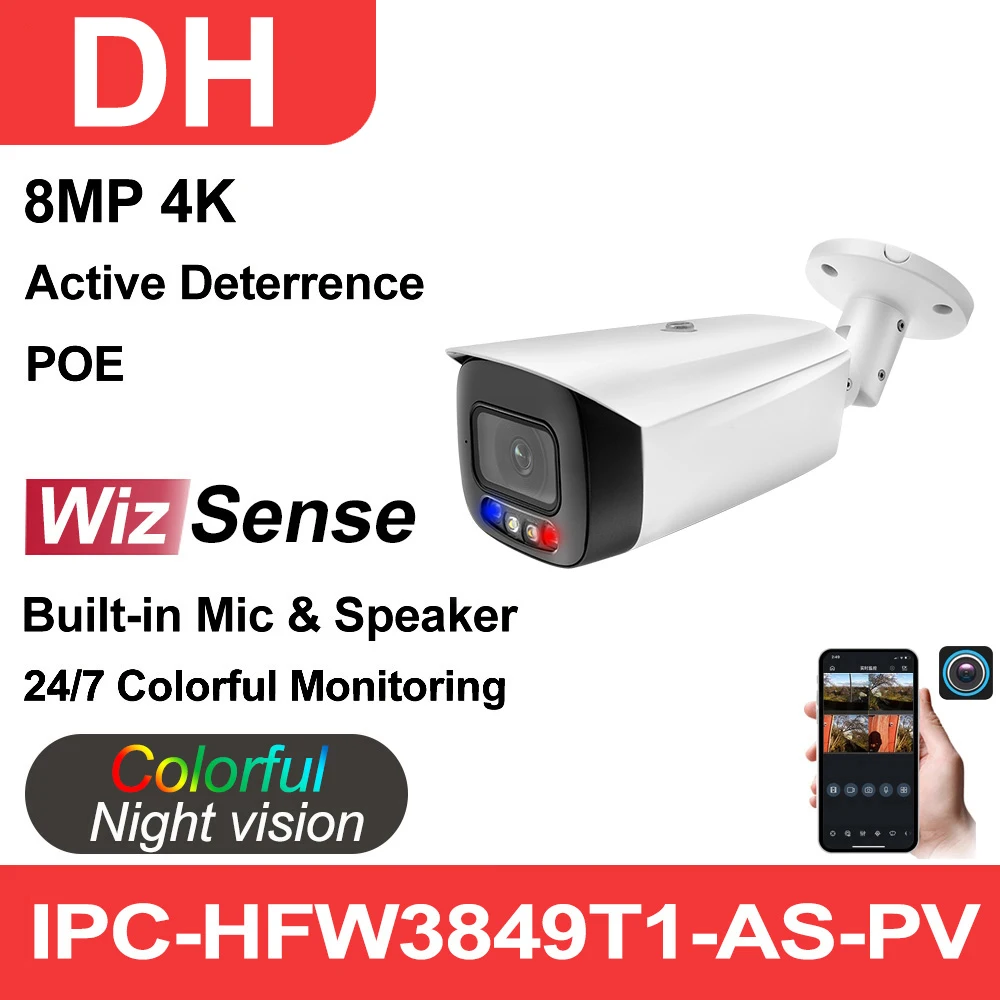 

Dahua 8MP IP Camera WizSense IPC-HFW3849T1-AS-PV Active Deterrence Built-in Mic Speaker Full-Color ColorVU PoE Outdoor Camera