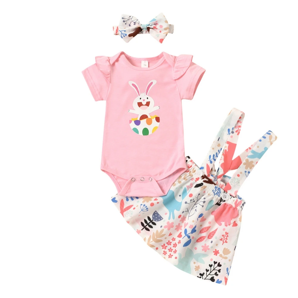 

Summer 3 pcs/set Children's Clothing Outfits 0-18 Months Baby Girl Rabbit Romper + Suspender Dress + Headband Set