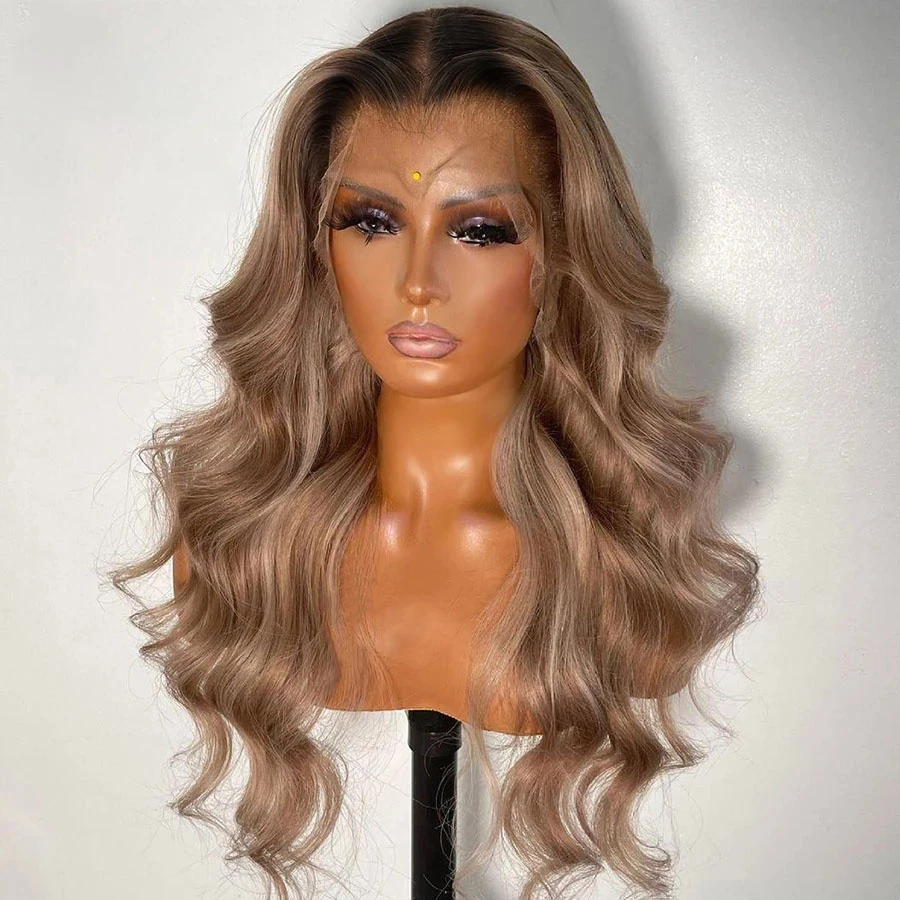 

26 inch Soft Glueless Ombre Ash Blonde Body Wave Full Lace Wig European Human Hair For Women Baby Hair Preplucked Remy Daily
