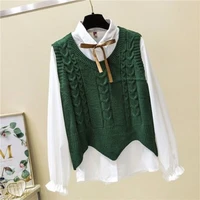 vest women solid short loose trendy korean style sleeveless knitted o neck all match female coats simple leisure outwear green