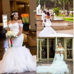 African Bridal Gowns Plus Size Wedding Dresses Spaghetti Straps Lace Appliques Beading Capped Mermaid Tiered Tulle Long 2023