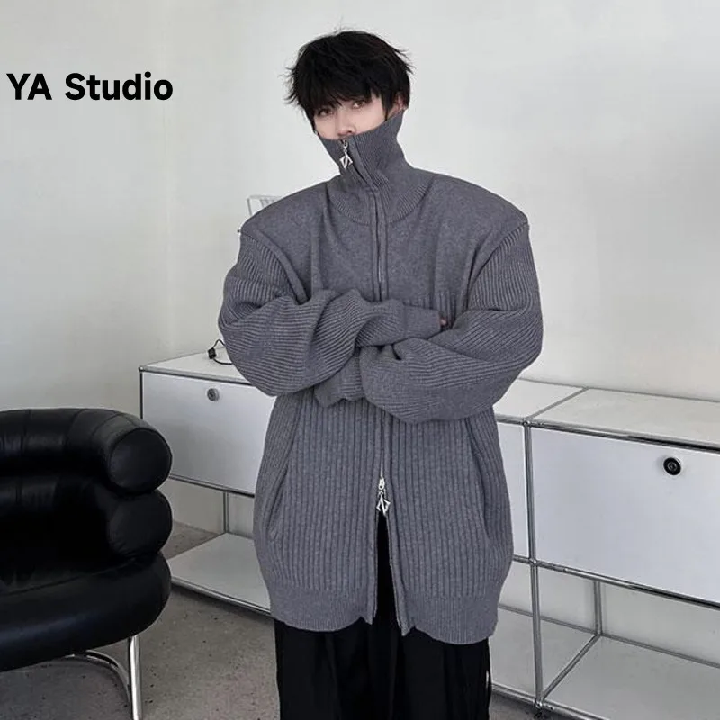 

[YA Studio] 2023 New Turtleneck Sweater Men's Winter Solid Color Double Zipper Tide Brand Loose Knit Cardigan Coat Tide