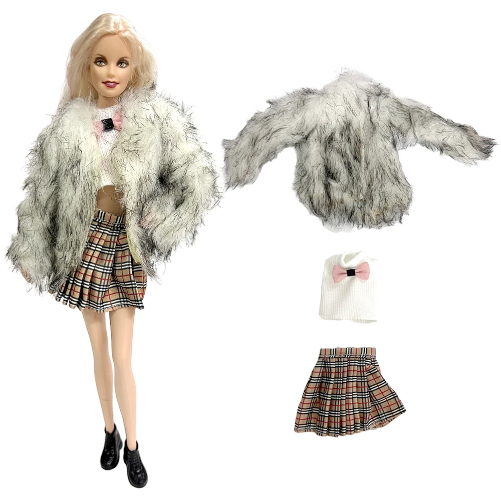 

NK Official 1 Set Noble style imitation white fur coat cute mini plaid dress+pink bow shirt For Barbie Doll 1/6 Accessories TOY