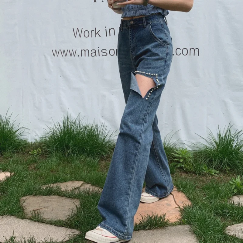 Women's Street Style Casual Wide-leg Denim Pants 2023 Fashion Beading Ripped Hole Jeans New High Waist Straight Denim Trousers