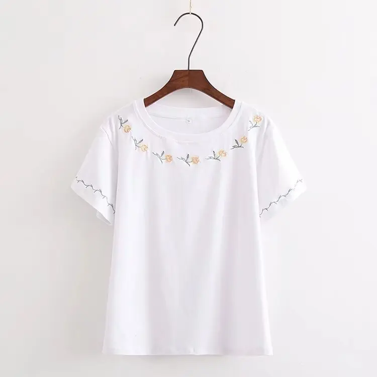 

women T-shirt medium length loose women clothing Cotton O-Neck Appliques Regular