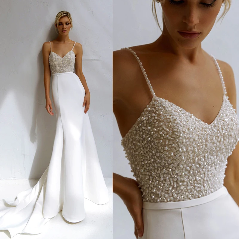 

Classic Pearl Mermaid Wedding Dresses Spaghetti Straps Sweetheart Satin Bridal Gowns Simple Custom Made Dress Vestido De Novia