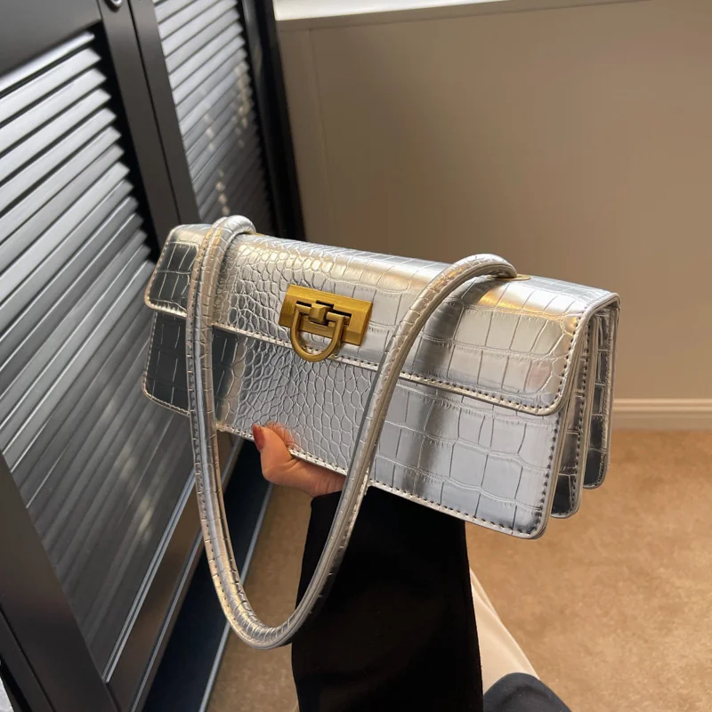 Women's Handbag 2023 New Fashion Shoulder Bag Crocodile Pattern Handbag Bright Face Stick Bag Clutch Banquet Bag