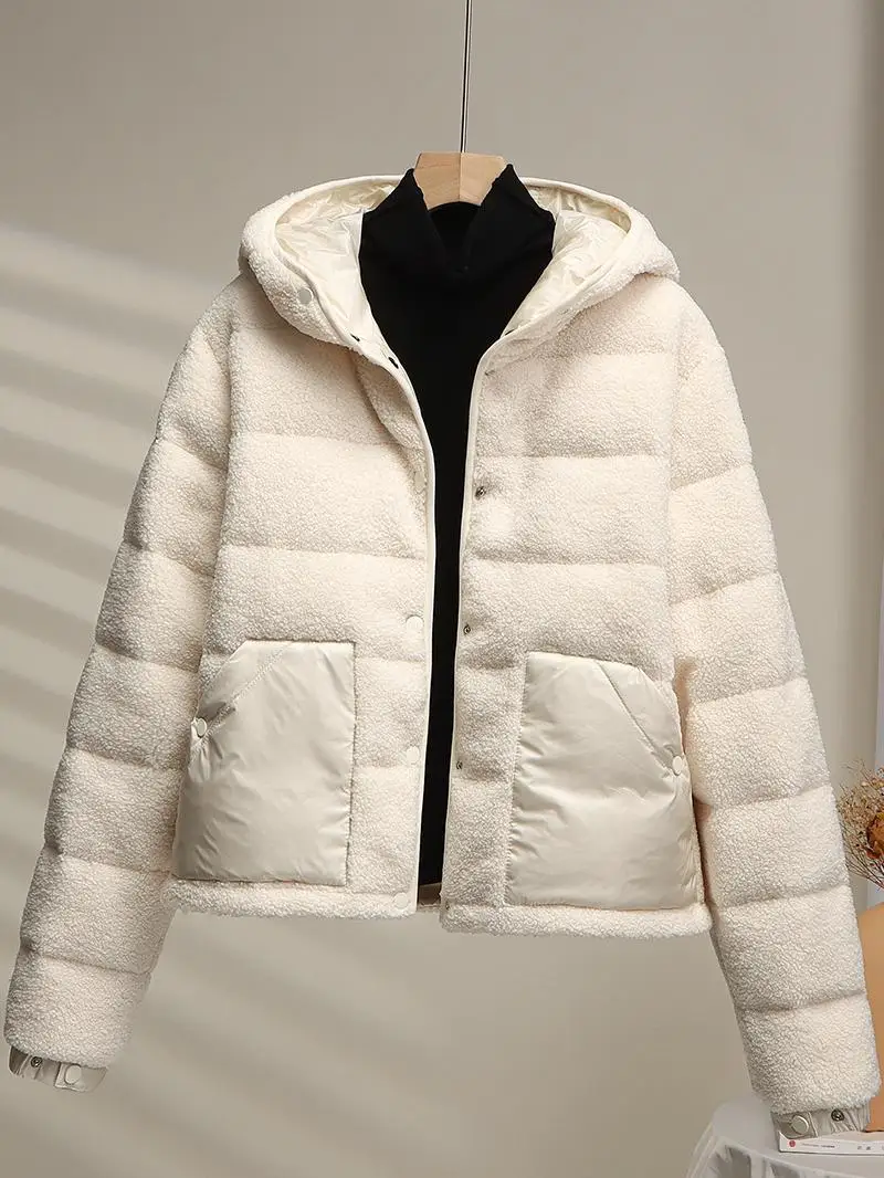 2024 Зимний новый пуховик женский короткий 90% белый утиный пух берберский флис