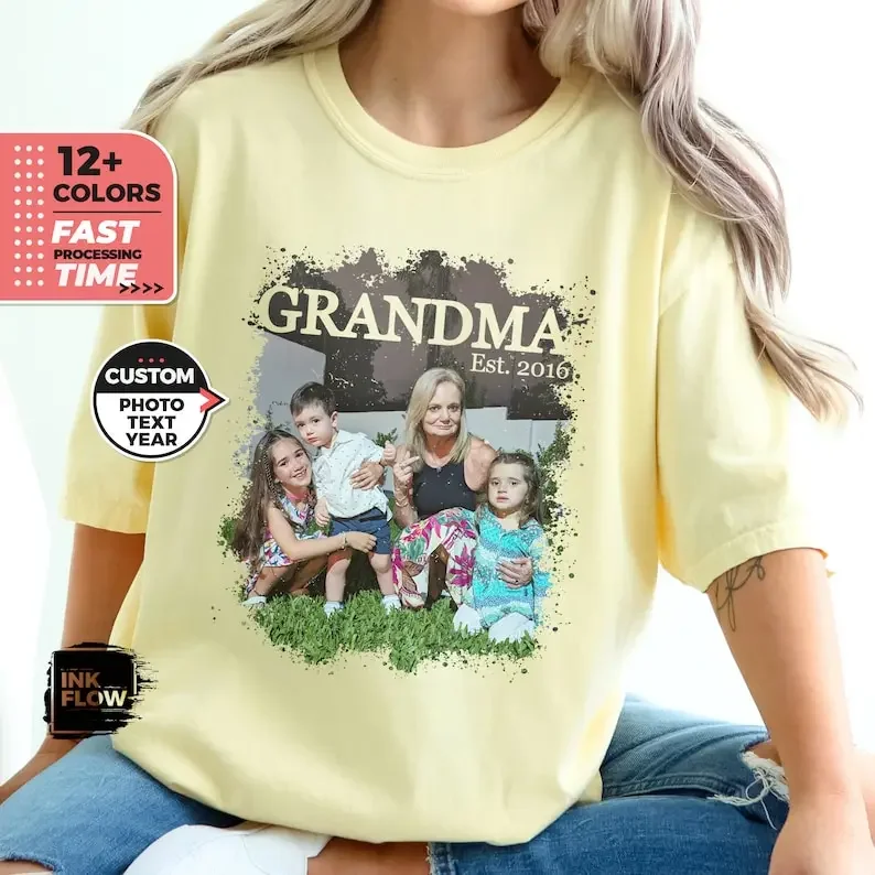 Custom Grandma Shirt Personalized Text Photo and Year Picture TShirt Memorial Tee Logo Top Comfort Col