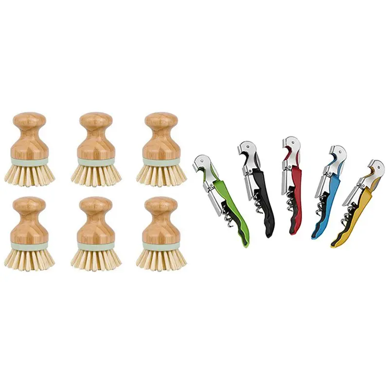 

6X Bamboo Mini Scrub Brush, Natural Bamboo Stiff Bristles Wet Cleaning Scrubber & 5X Corkscrew Heavy Duty Wine Opener