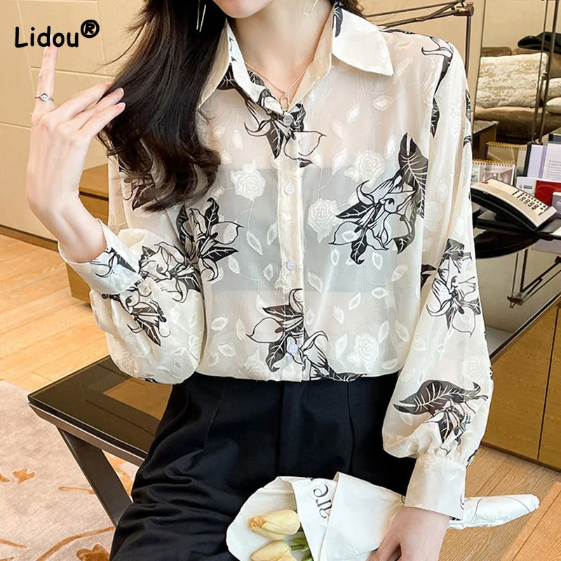 

Tie Dyeing of Ink Paint Summer Clothes for Women Fashion Turn-down Collar Print Long Sleeve Button Patchwork Perspective Shirt