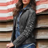 women rhinestone pu leather jacket solid long sleeve lapel zip coats new short biker outerwear streetwear coat windbreaker black