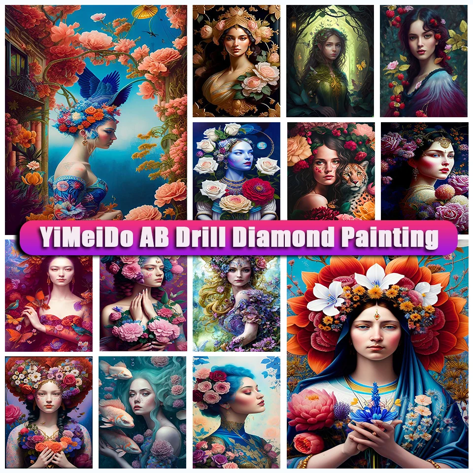 

YiMeido Zipper Bag AB Diamond Painting Girl Flower Round Diamond Embroidery Mosaic Portrait Cross Stitch Kit Home Decor Gift